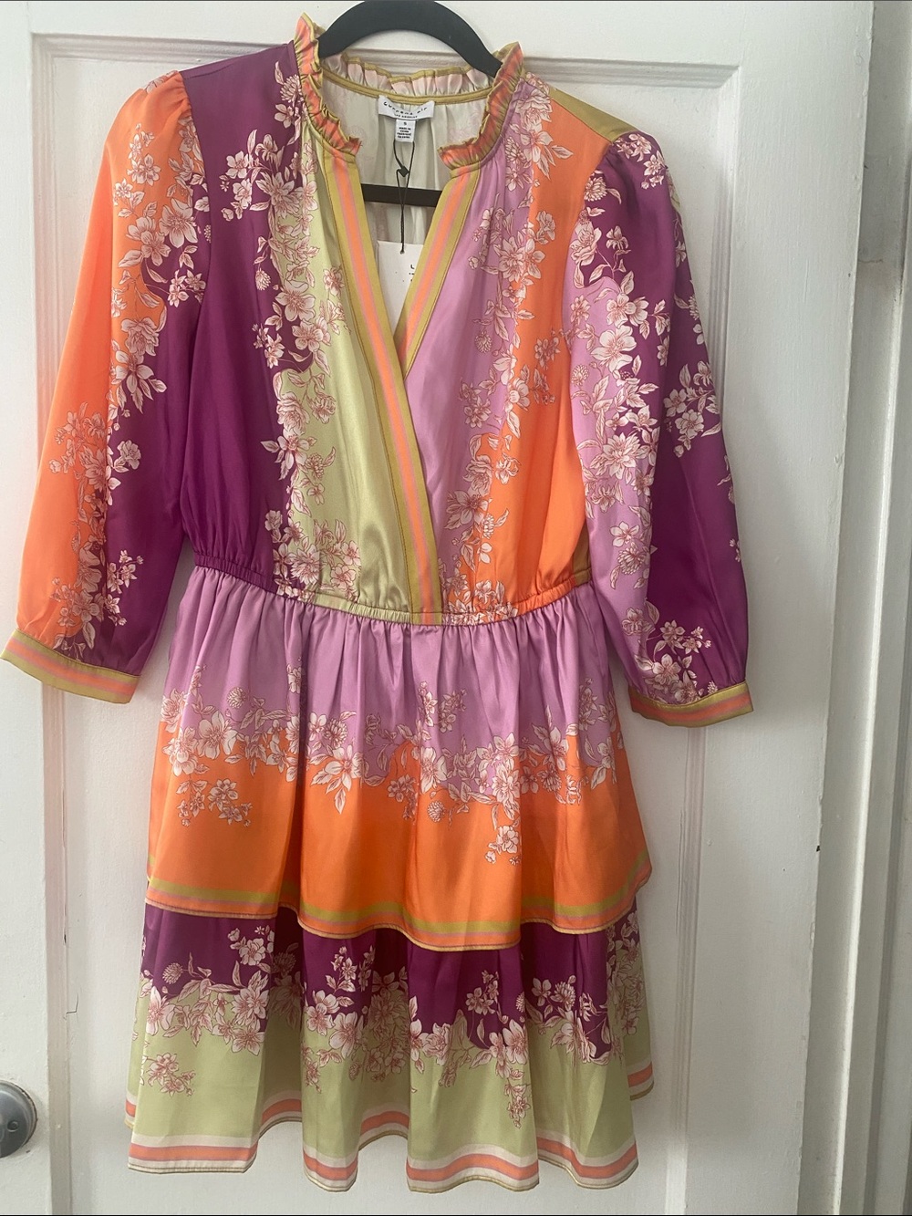 Current Air Floral Patchwork Midi Dress in Purple, Orange, Pink, Green